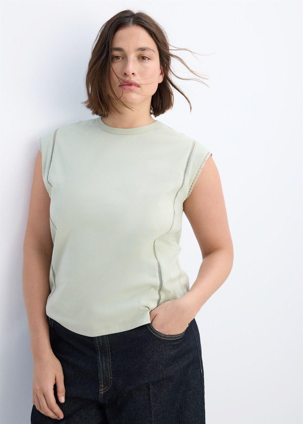 Green Embroidered Cutwork Cotton T-Shirt, Green, large image number 6
