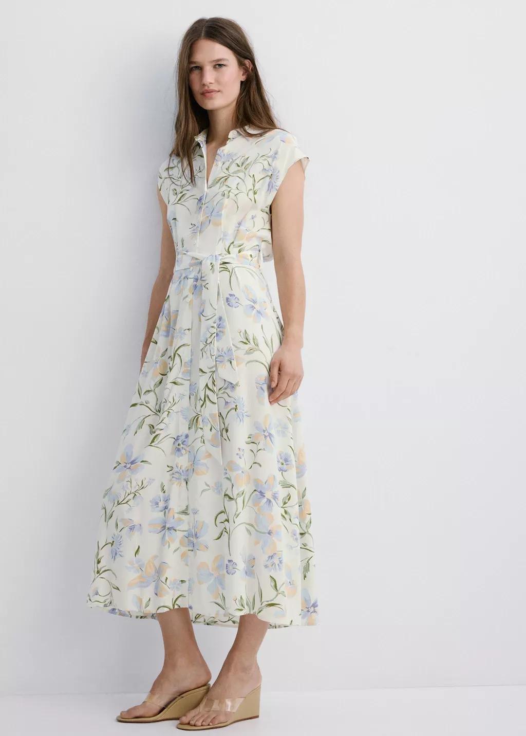Beige Floral-Print Shirt-Style Dress, 0201_05, large image number 0