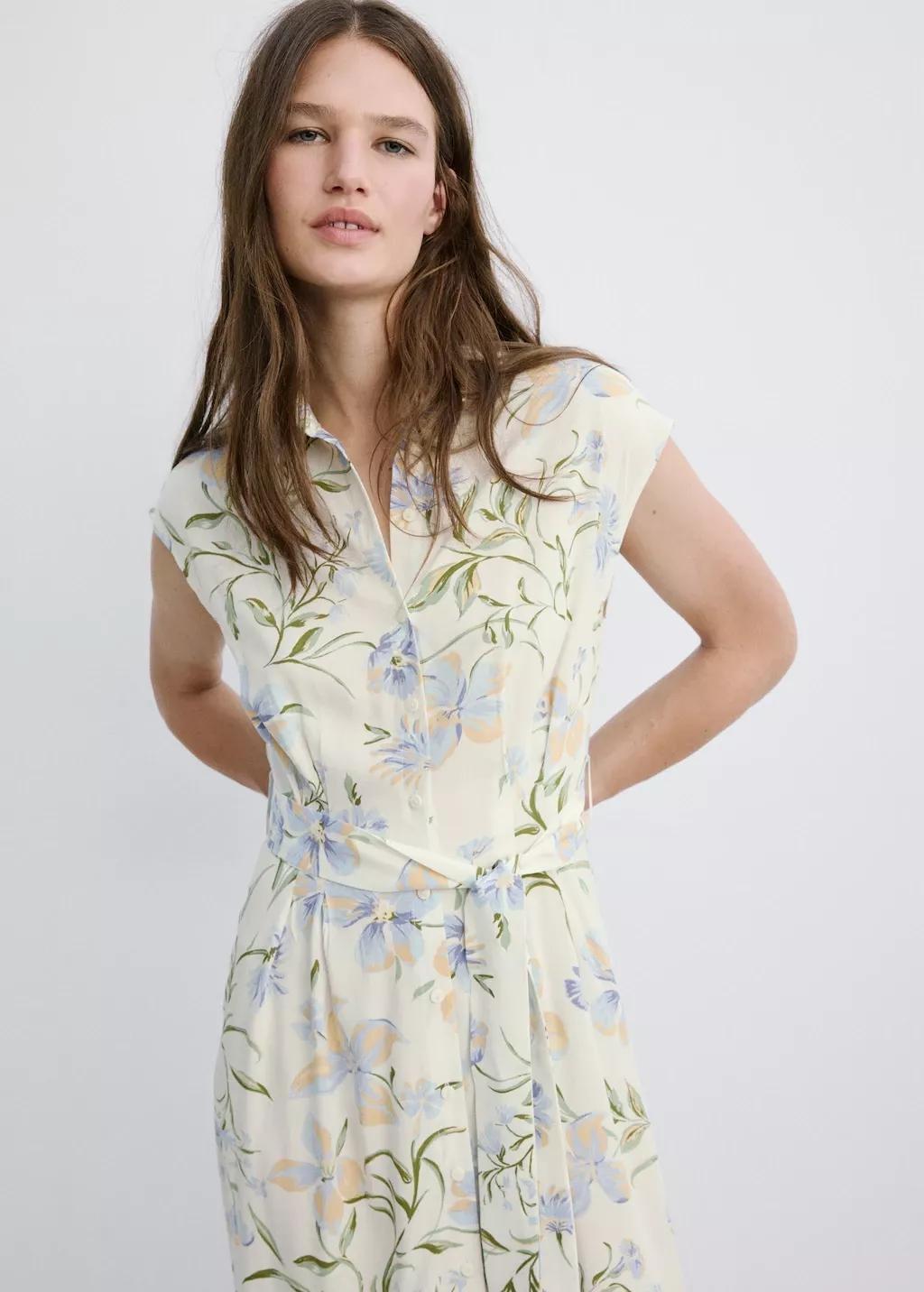 Beige Floral-Print Shirt-Style Dress, 0201_05, large image number 3