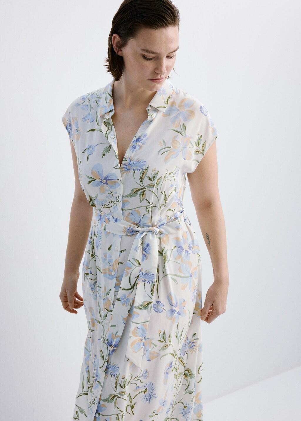 Beige Floral-Print Shirt-Style Dress, 0201_05, large image number 6