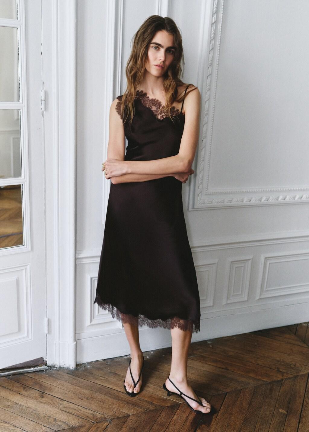 Brown Asymmetric Satin Lace Dress, 0201_32, large image number 0