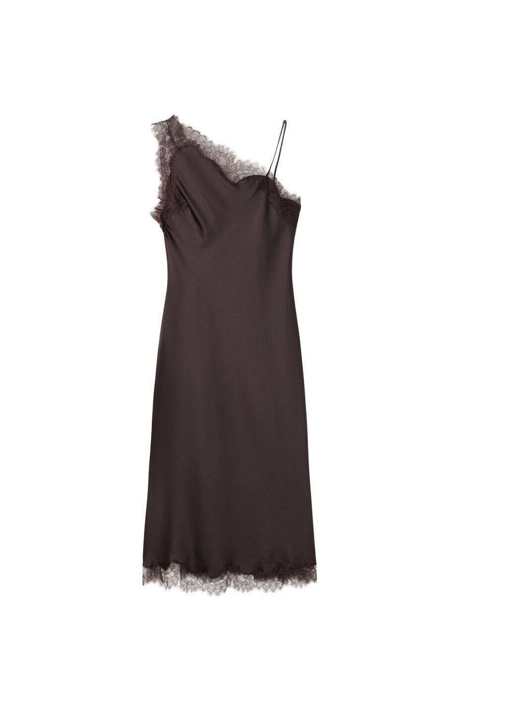 Brown Asymmetric Satin Lace Dress, 0201_32, large image number 6