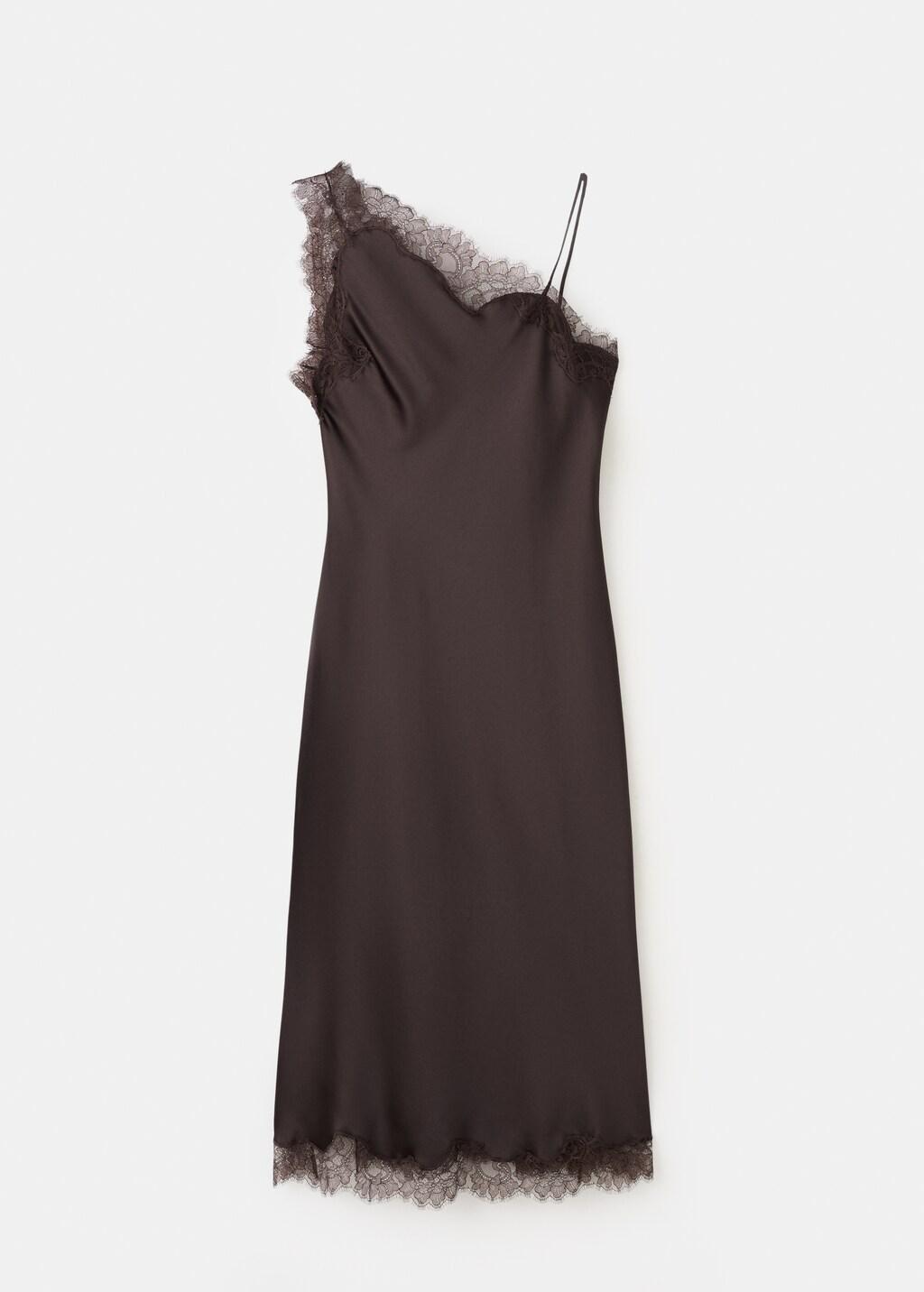 Brown Asymmetric Satin Lace Dress, 0201_32, large image number 7
