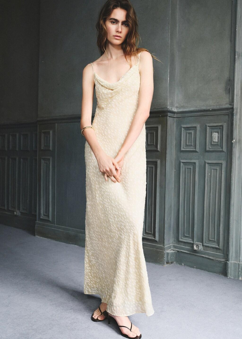 Beige Textured Dress With Draped Neckline, Light Beige, large image number 0