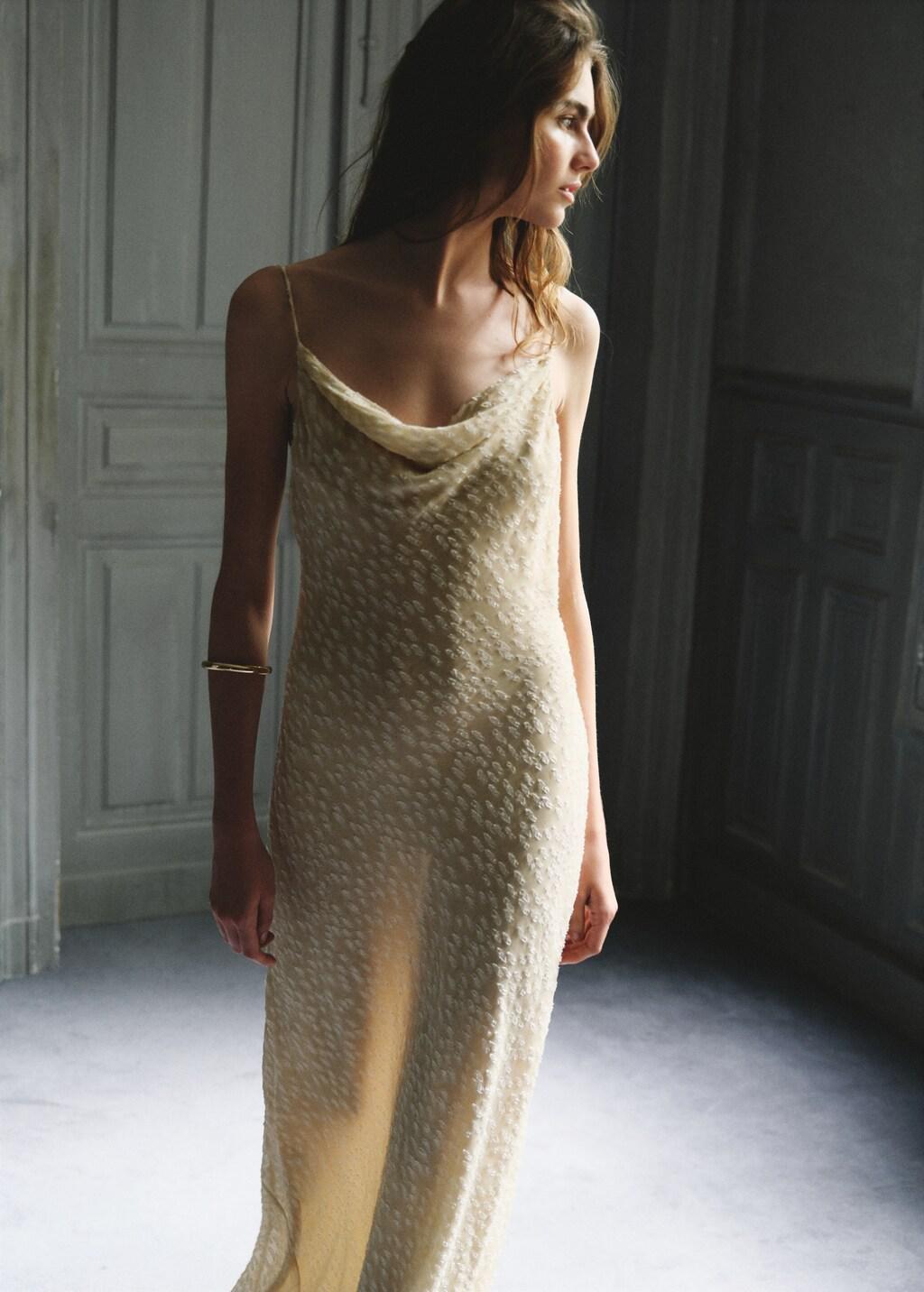 Beige Textured Dress With Draped Neckline, Light Beige, large image number 3