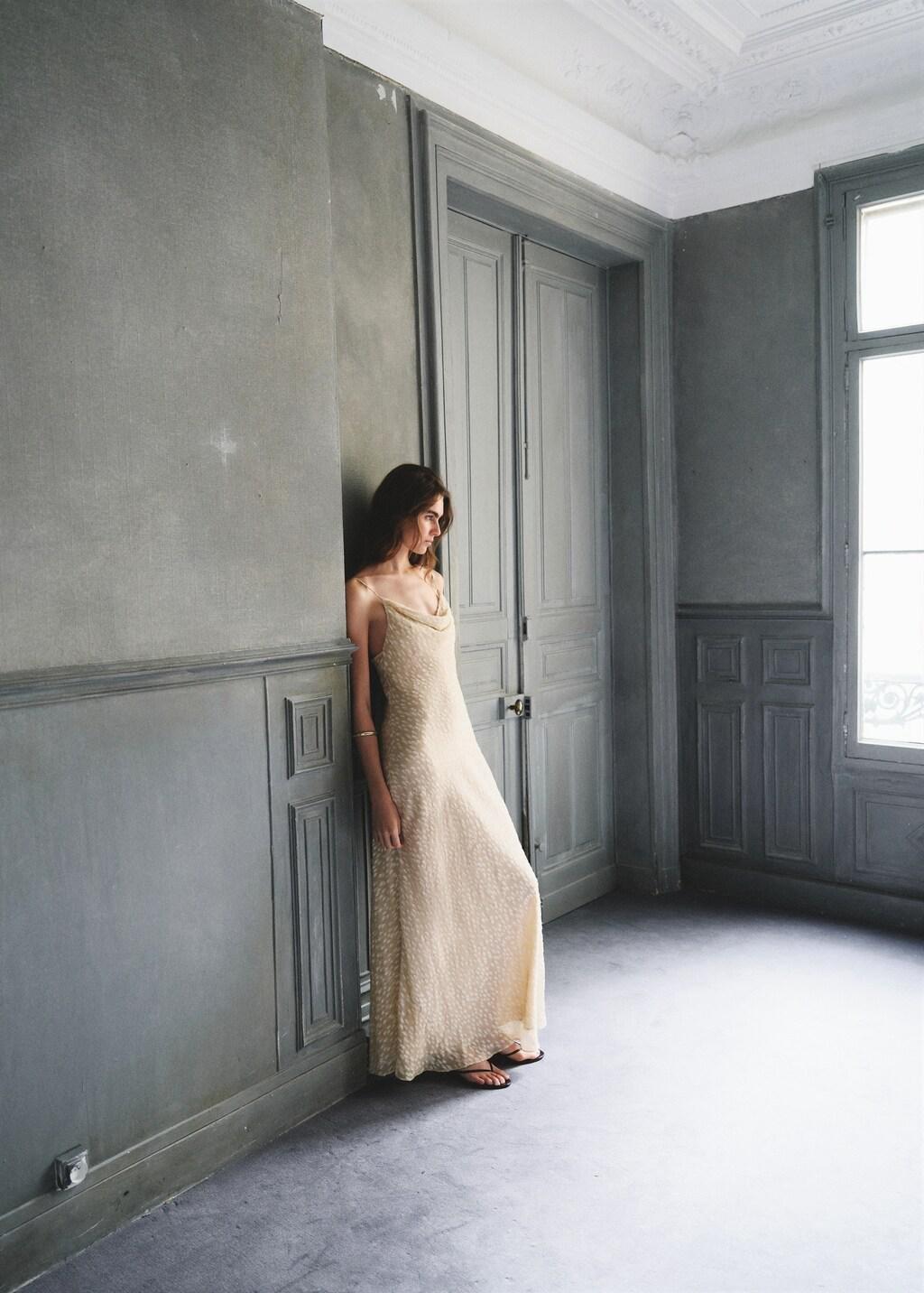 Beige Textured Dress With Draped Neckline, Light Beige, large image number 4