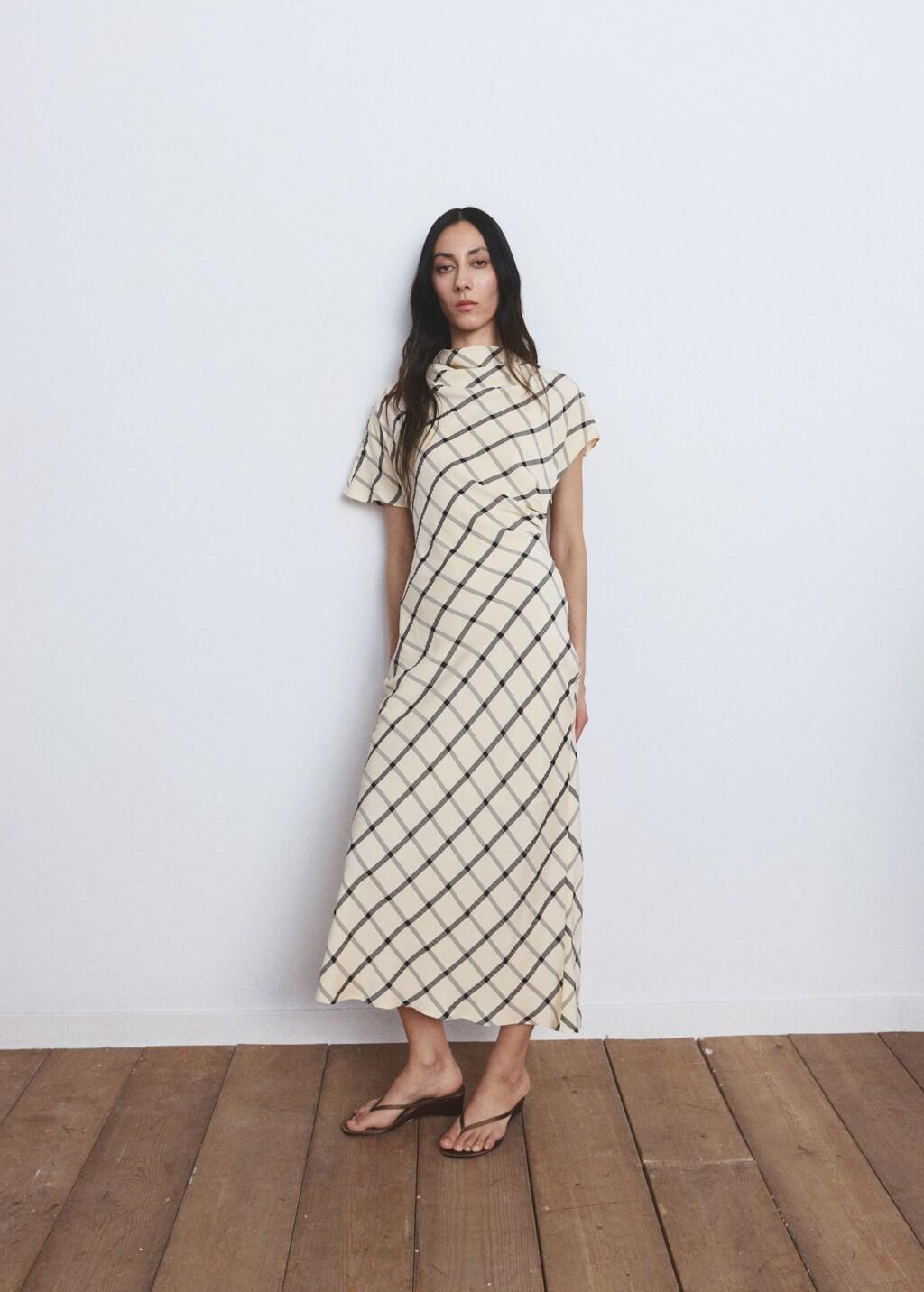 Beige Check Dress With Draped Collar, Light Beige, medium