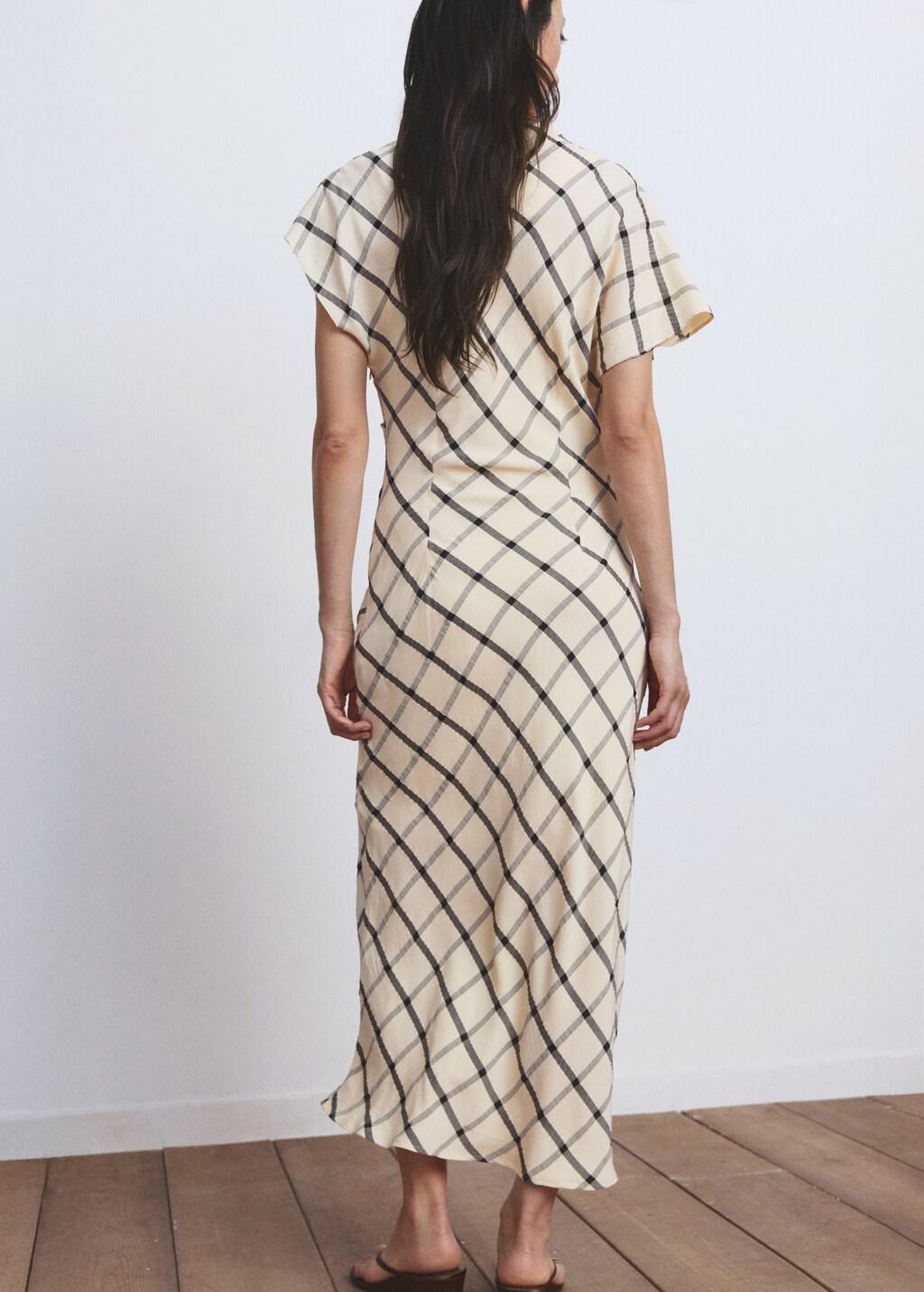 Beige Check Dress With Draped Collar, Light Beige, medium