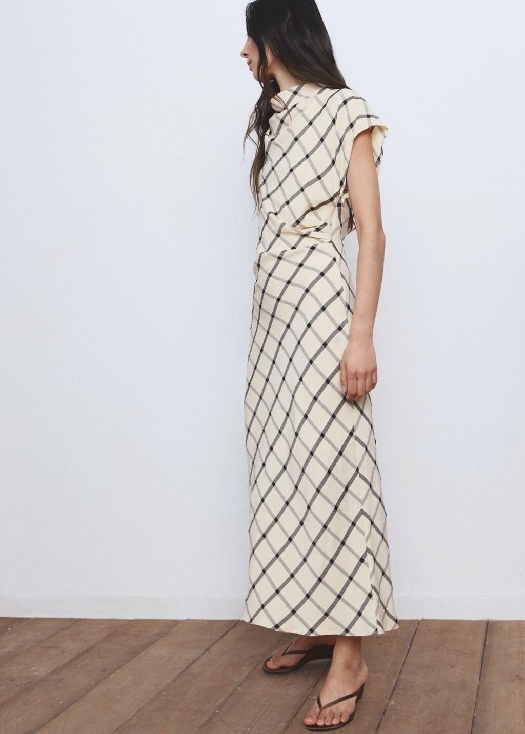 Beige Check Dress With Draped Collar, Light Beige, large image number 3