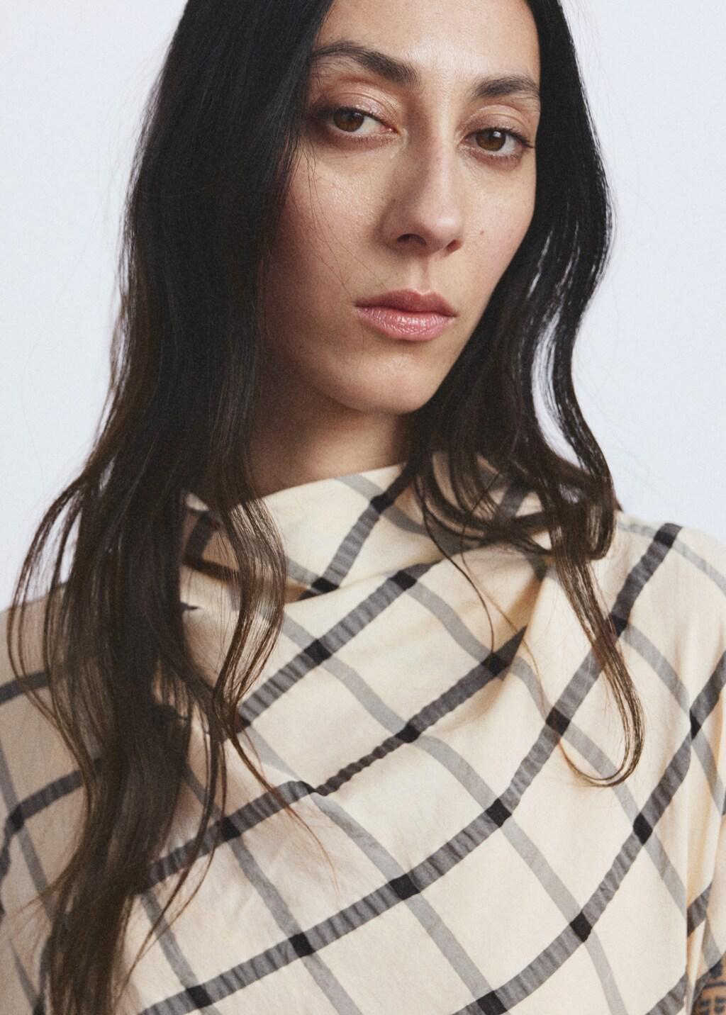 Beige Check Dress With Draped Collar, Light Beige, large image number 4