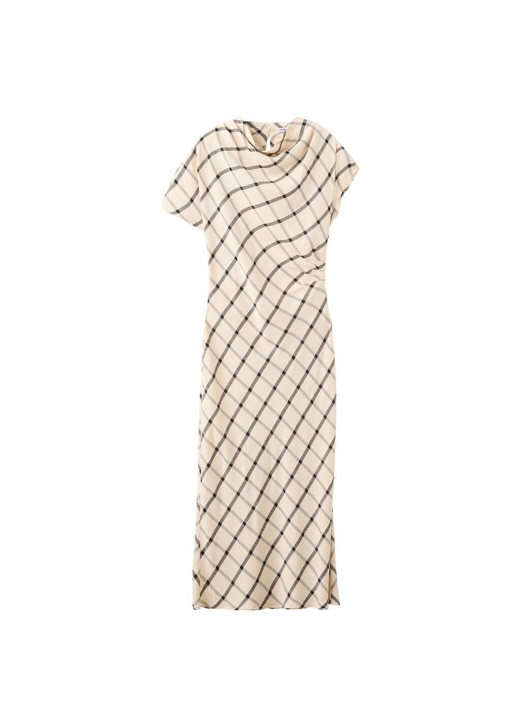 Beige Check Dress With Draped Collar, Light Beige, large image number 6