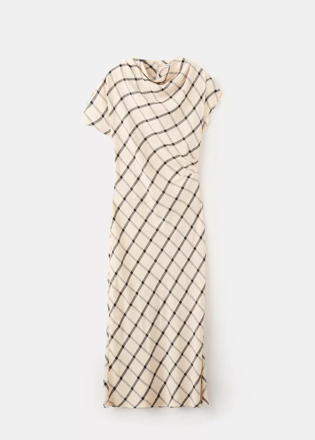 Beige Check Dress With Draped Collar, Light Beige, large image number 7