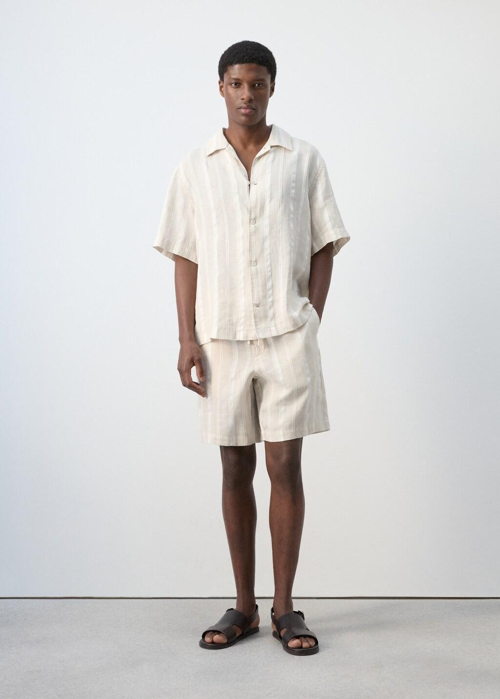 Beige Striped Linen Shirt With A Bowling Collar, 0201_08, large image number 0