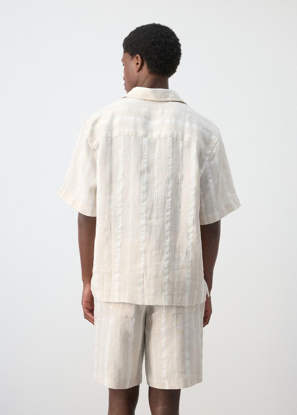 Beige Striped Linen Shirt With A Bowling Collar, 0201_08, large image number 2