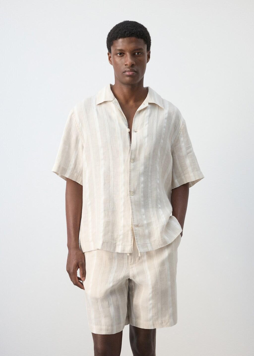 Beige Striped Linen Shirt With A Bowling Collar, 0201_08, large image number 3