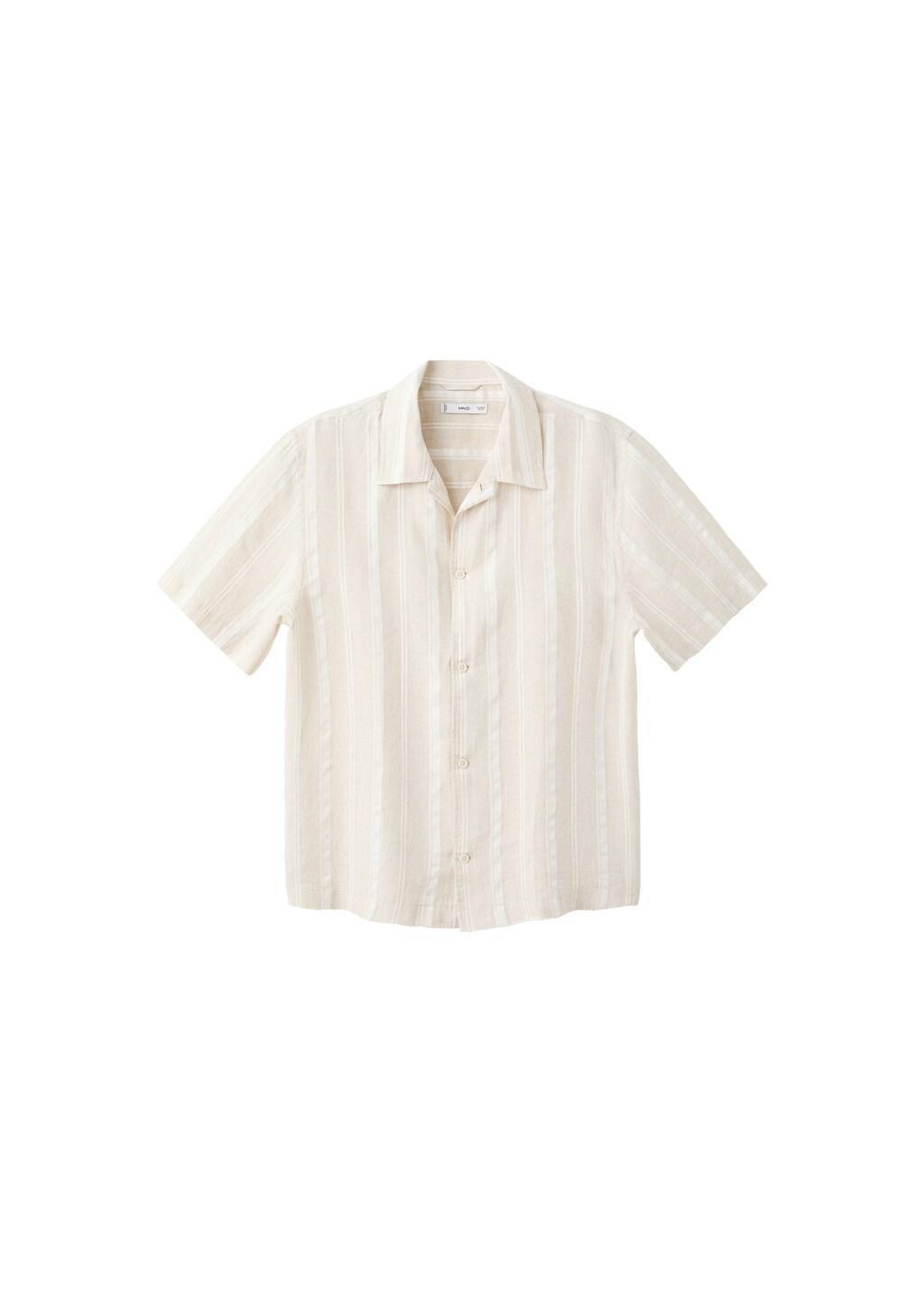 Beige Striped Linen Shirt With A Bowling Collar, 0201_08, large image number 6