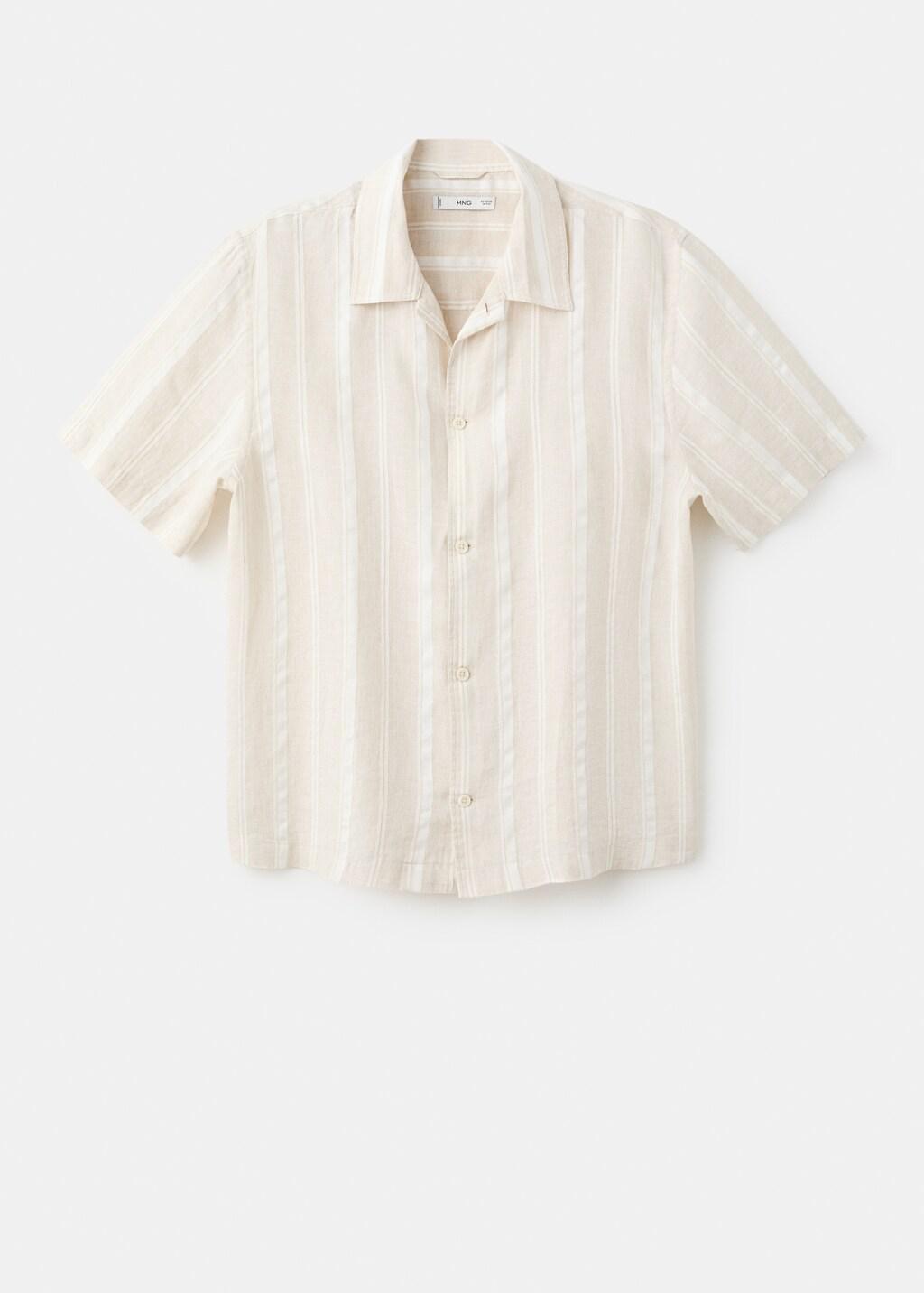 Beige Striped Linen Shirt With A Bowling Collar, 0201_08, large image number 7