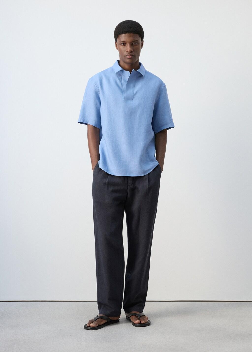 Blue Lt Pastel 100% Linen Polo Shirt, Light-Pastel Blue, large image number 0