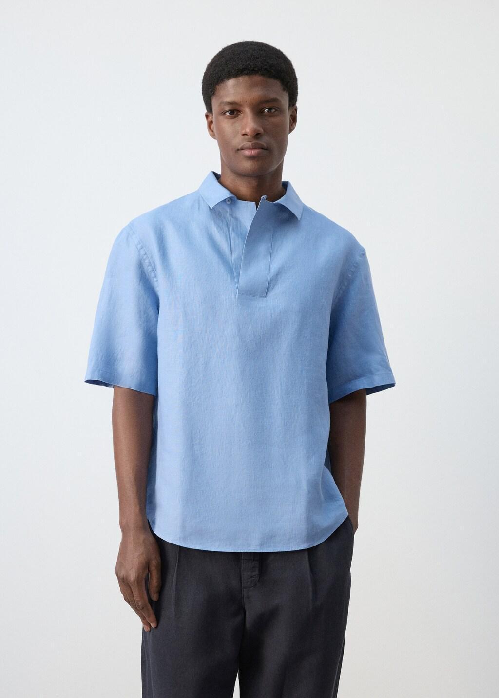 Blue Lt Pastel 100% Linen Polo Shirt, Light-Pastel Blue, large image number 3
