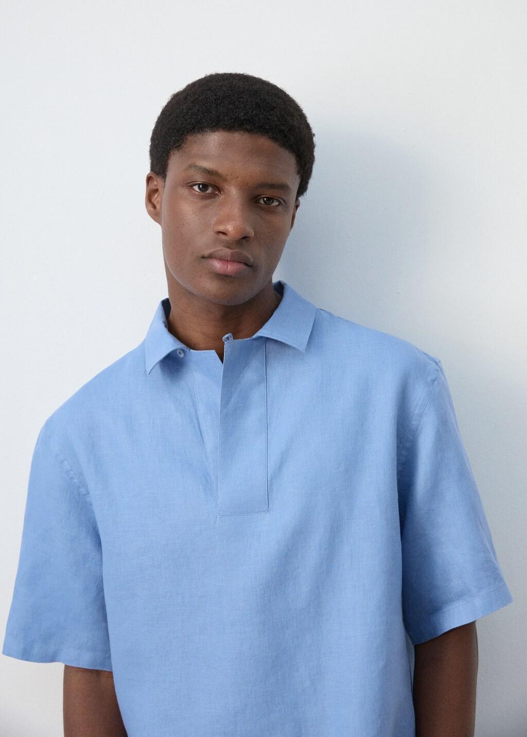 Blue Lt Pastel 100% Linen Polo Shirt, Light-Pastel Blue, large image number 4