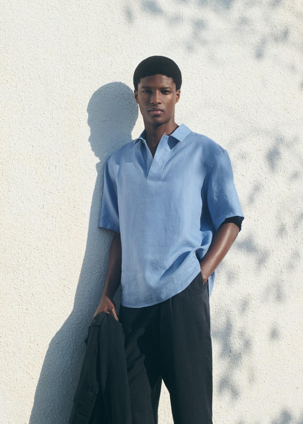 Blue Lt Pastel 100% Linen Polo Shirt, Light-Pastel Blue, large image number 6