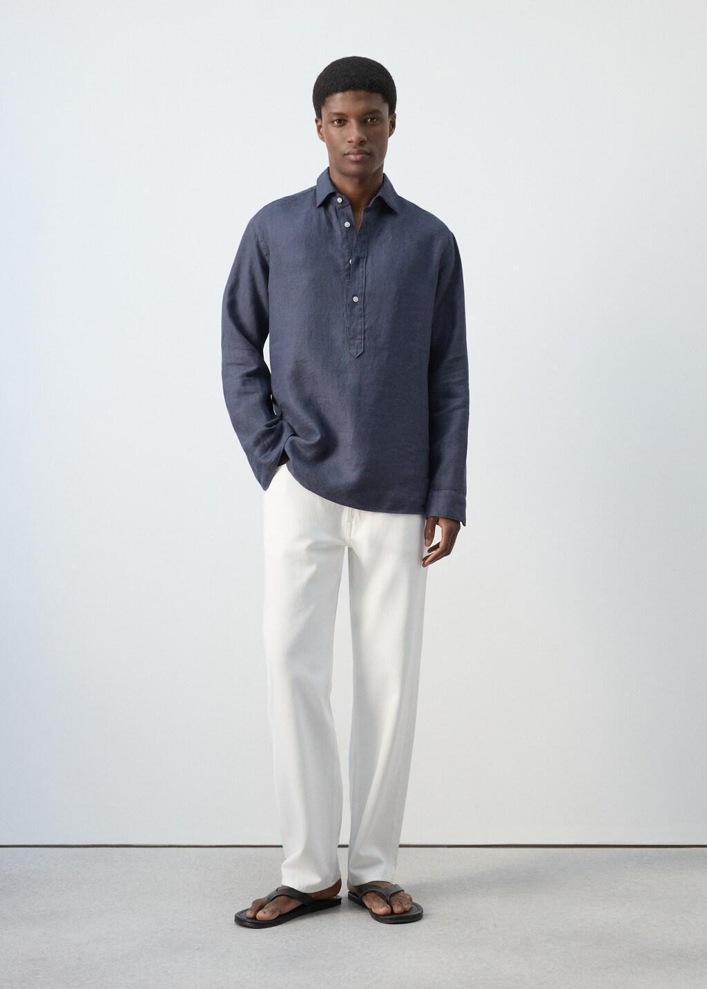 Blue 100% Linen Polo Shirt, 0201_54, large image number 0
