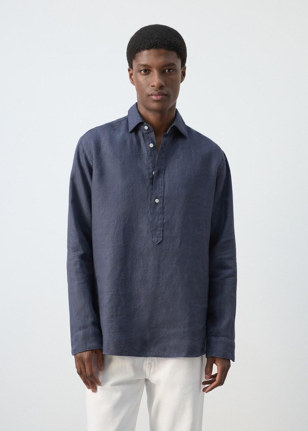Blue 100% Linen Polo Shirt, 0201_54, large image number 3