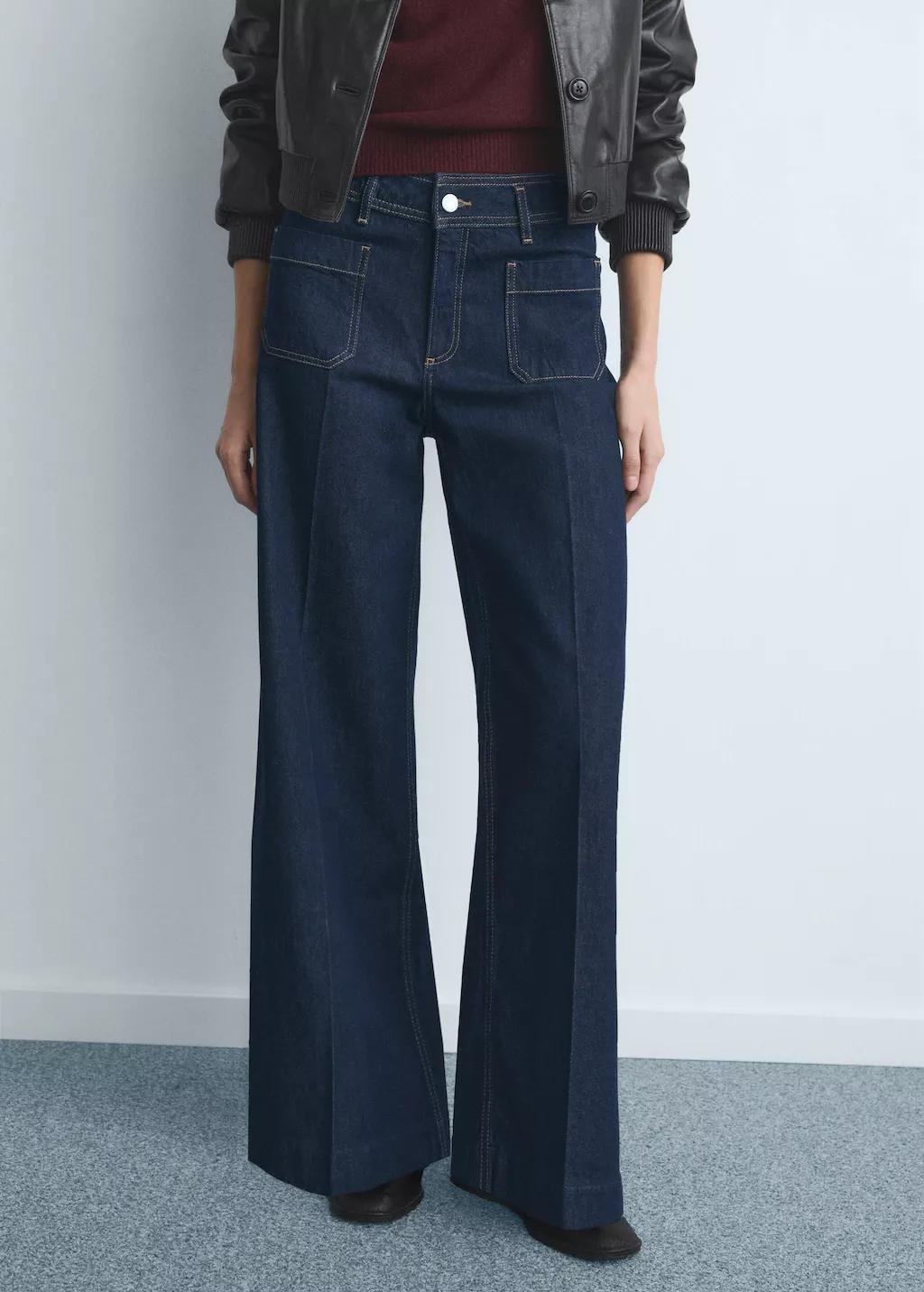 Navy Wide Leg Jeans With Pockets, 0201_TS, large image number 3