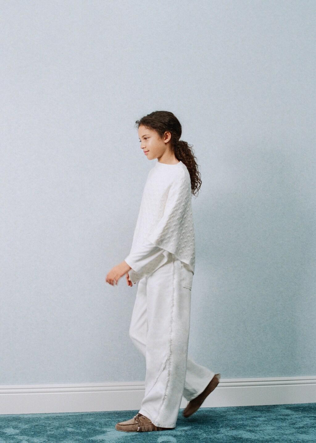 White Wide Leg Jeans With Decorative Stitching, Kids Girls, White, large image number 0