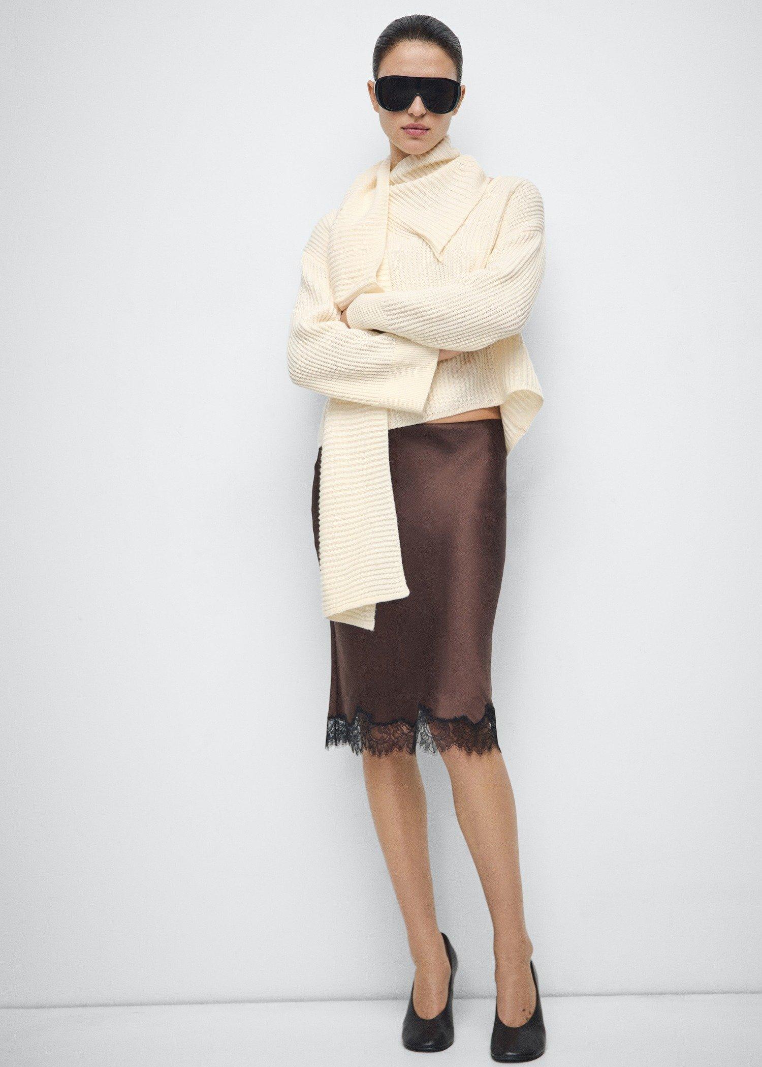 Cream Ribbed Sweater With Scarf Detail, Light Beige, large image number 2