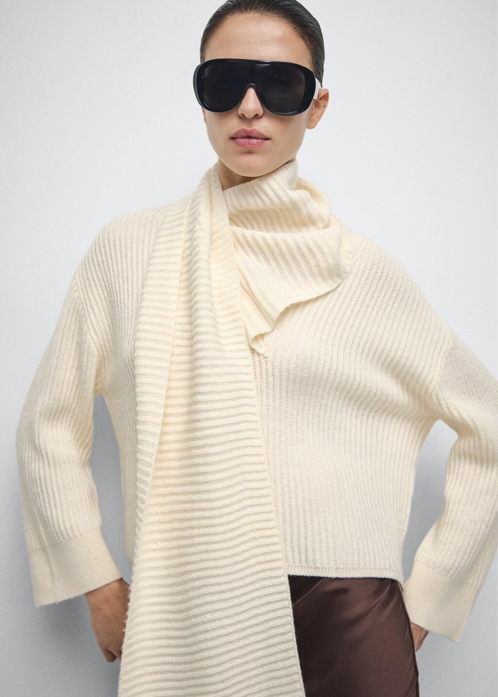 Cream Ribbed Sweater With Scarf Detail, Light Beige, large image number 7