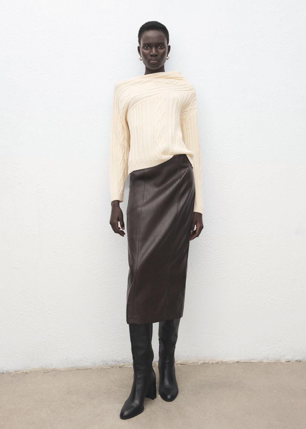 Beige Asymmetrical Cable Knit Sweater, Light Beige, large image number 0