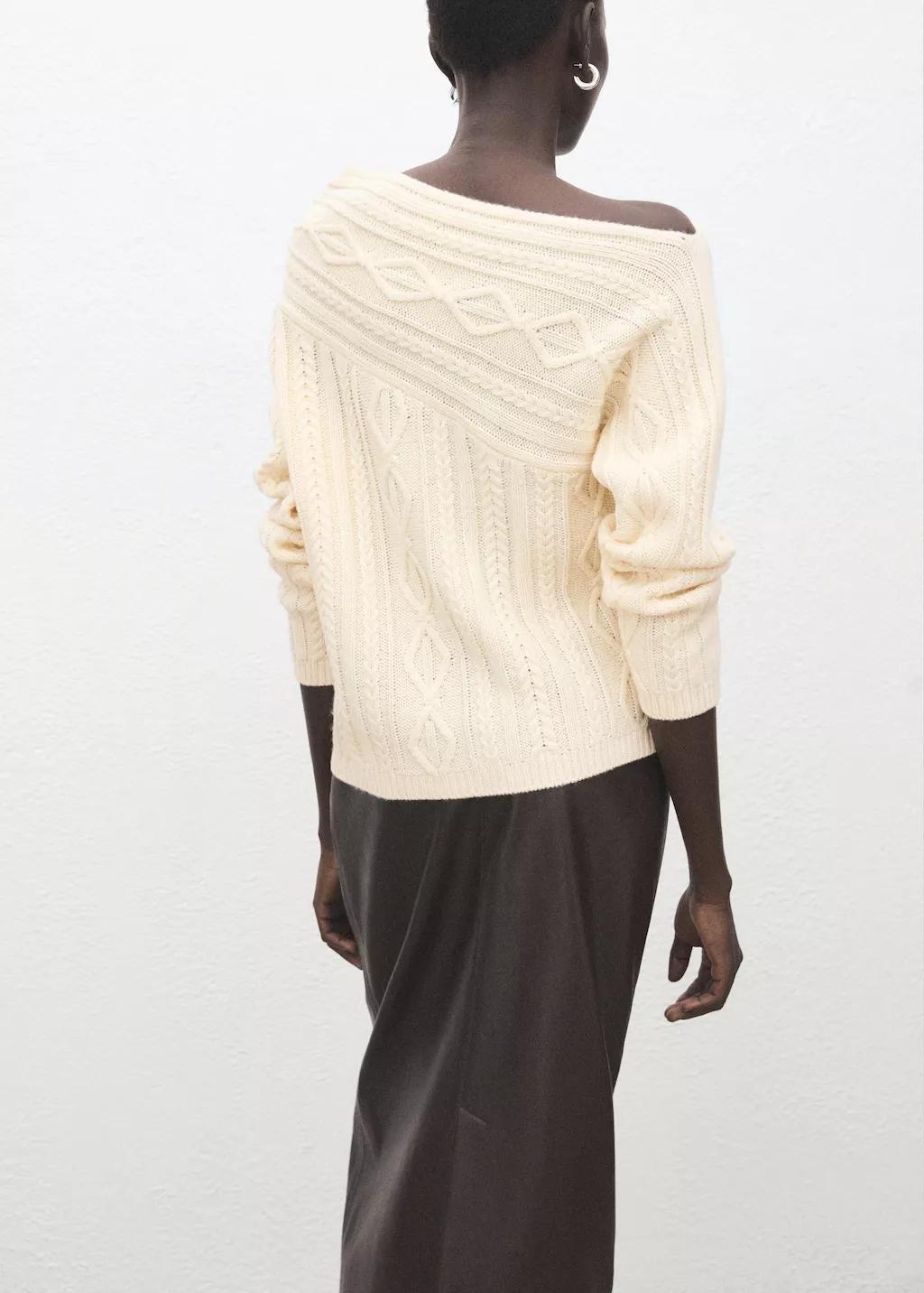 Beige Asymmetrical Cable Knit Sweater, Light Beige, large image number 2