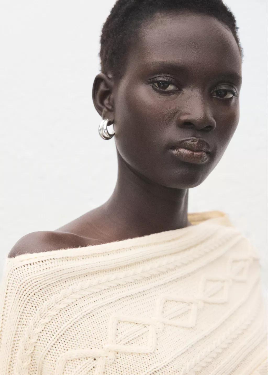 Beige Asymmetrical Cable Knit Sweater, Light Beige, large image number 4