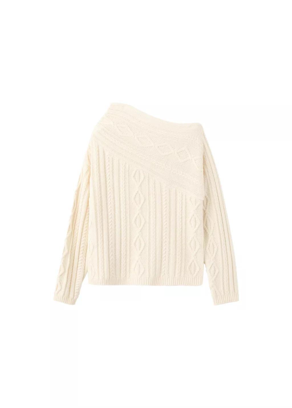 Beige Asymmetrical Cable Knit Sweater, Light Beige, large image number 6