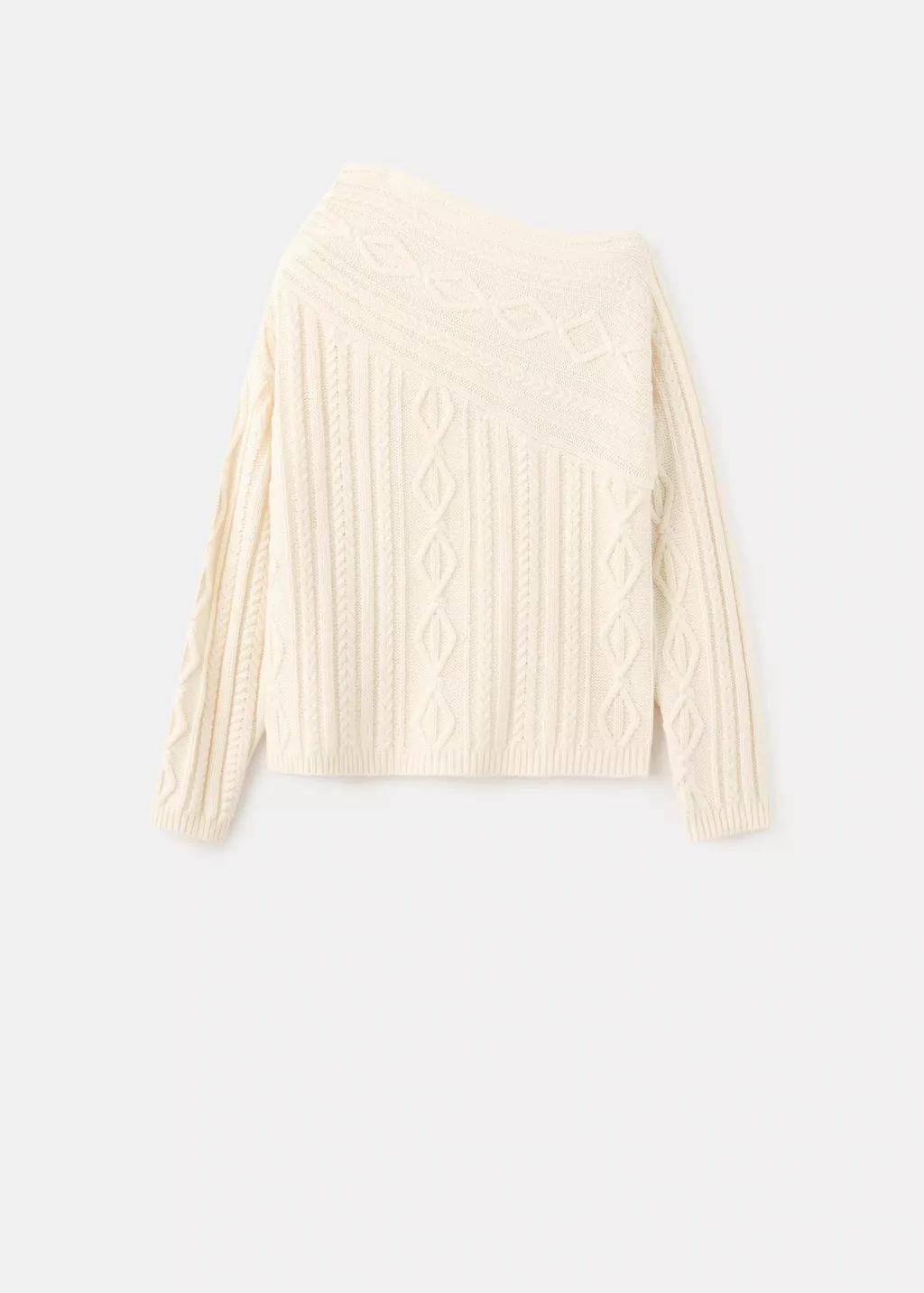 Beige Asymmetrical Cable Knit Sweater, Light Beige, large image number 7