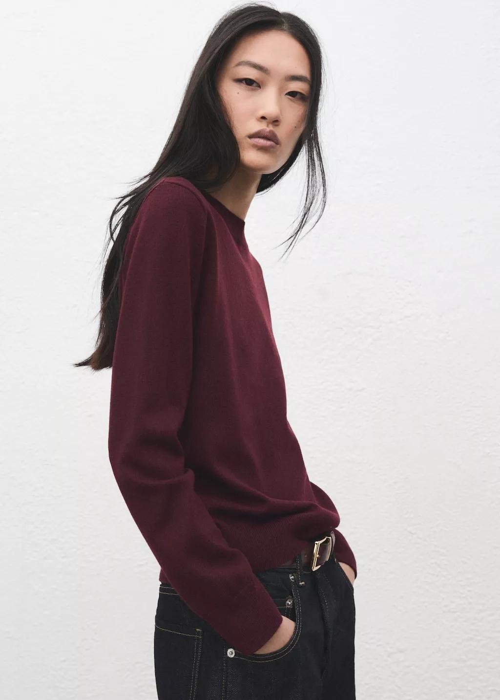 Burgundy Round-Neck Knitted Sweater, Dark Red, large image number 3