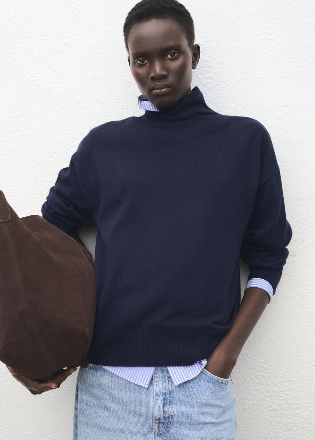 Navy Draped Turtleneck Sweater, Navy, large image number 3