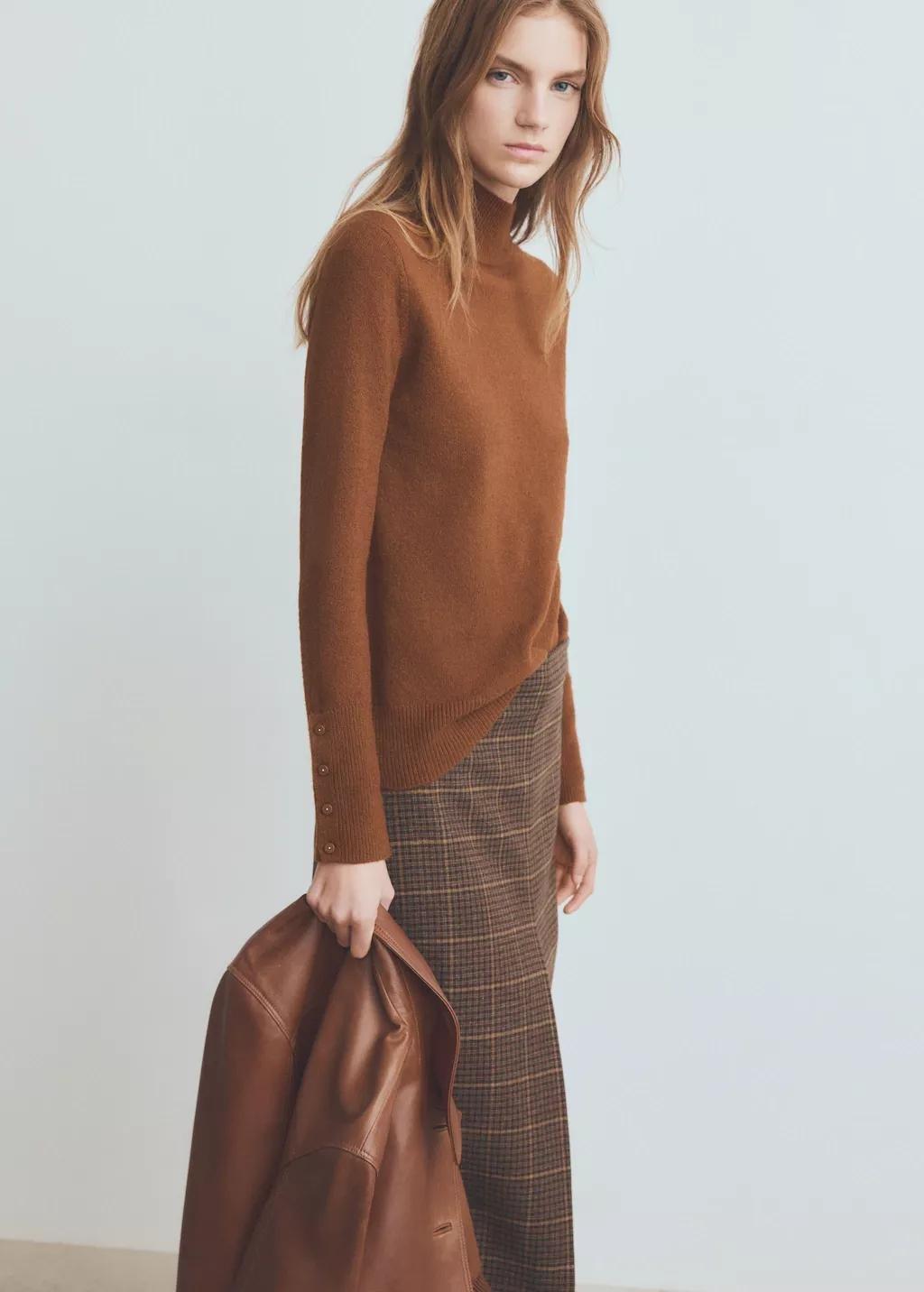 Brown Sweater With Buttoned Cuffs And Perkins Collar, Dark Brown, large image number 6