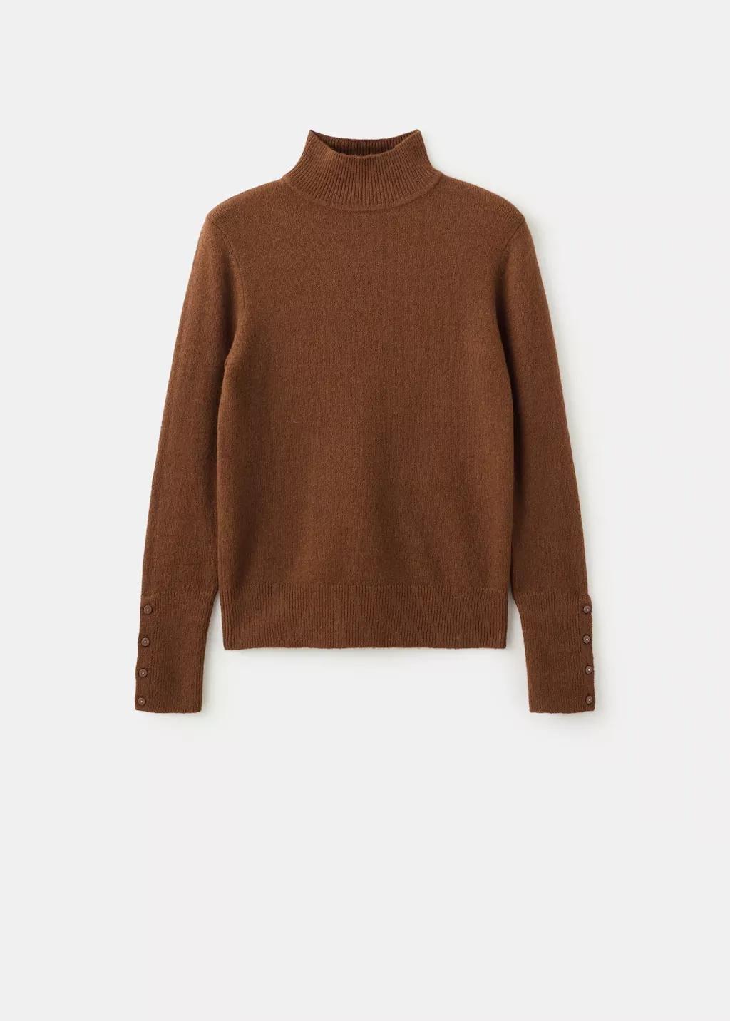 Brown Sweater With Buttoned Cuffs And Perkins Collar, Dark Brown, large image number 8