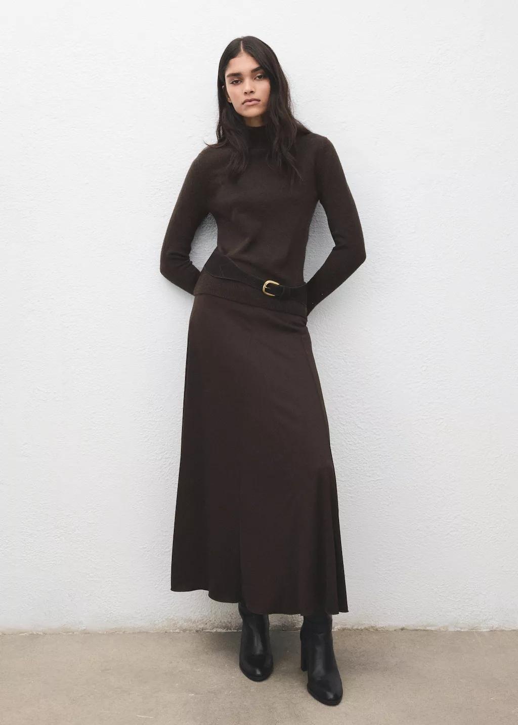 Brown Sweater With Buttoned Cuffs And Perkins Collar, Dark Brown, large image number 0