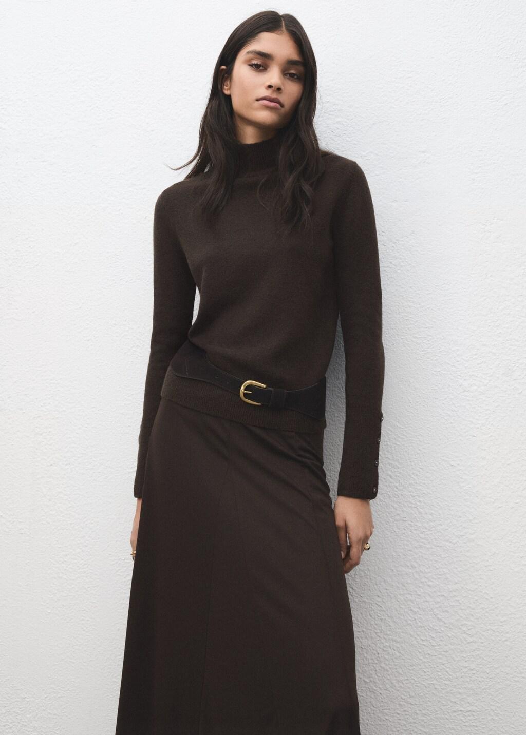 Brown Sweater With Buttoned Cuffs And Perkins Collar, Dark Brown, large image number 3