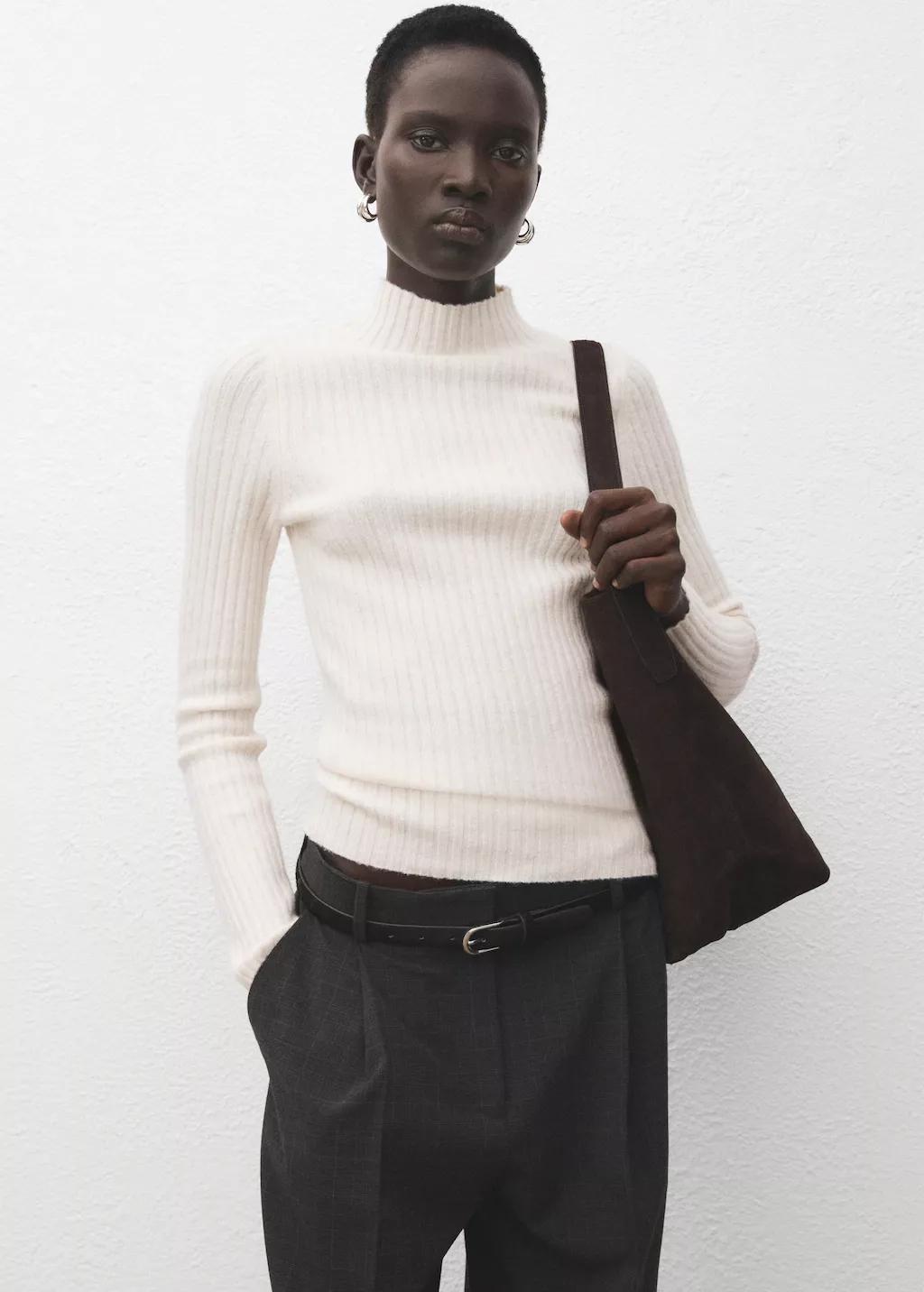 Cream Fitted Sweater With Perkins Neck, Light Beige, large image number 3