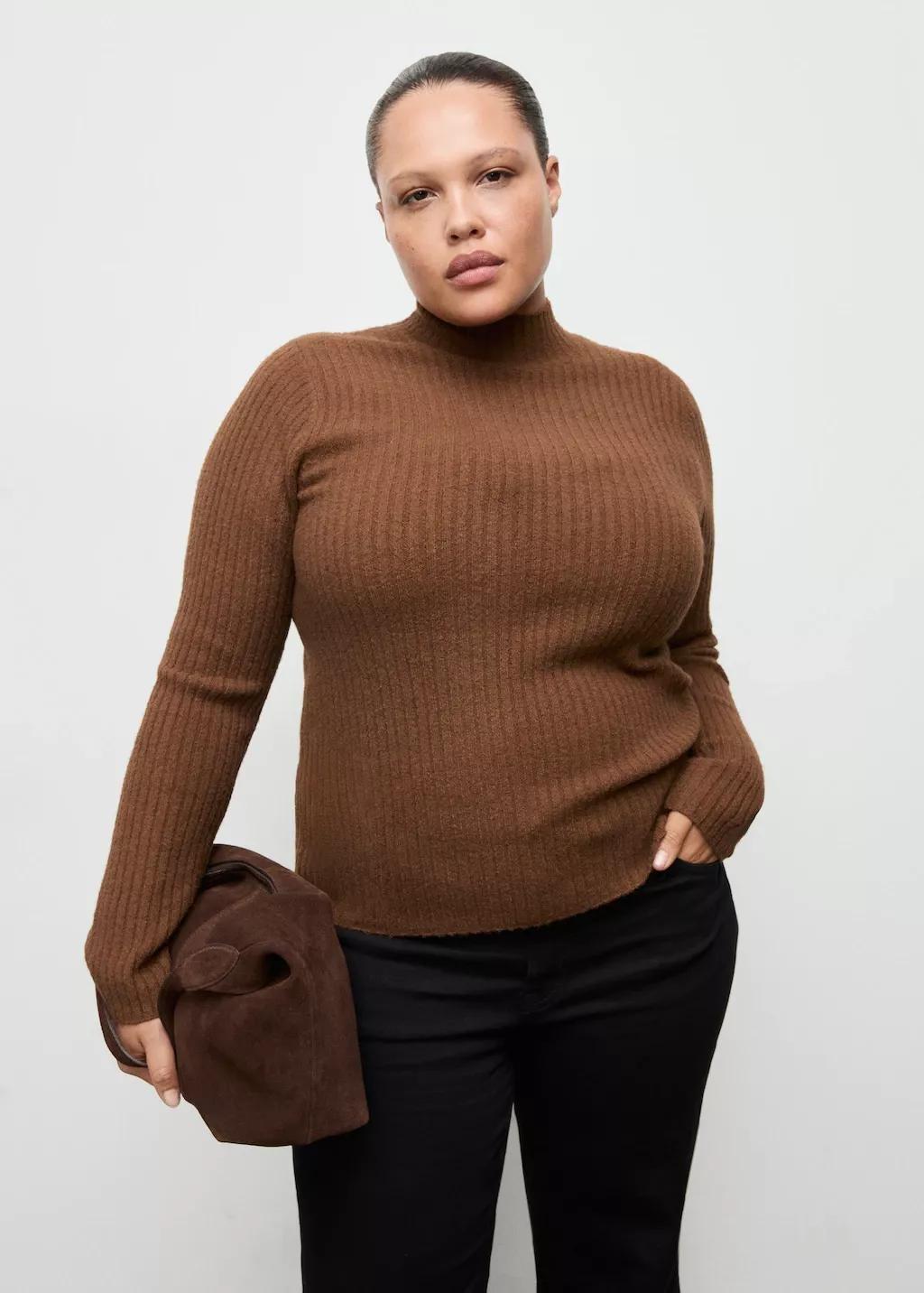 Brown Fitted Sweater With Perkins Neck, Dark Brown, large image number 6