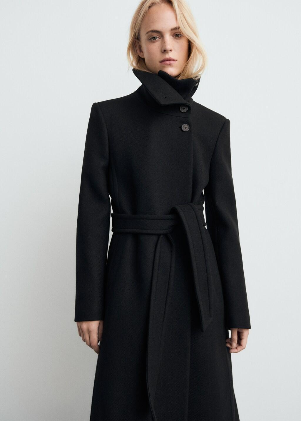 Black Manteco Wool Coat With Belt, Black, large image number 3