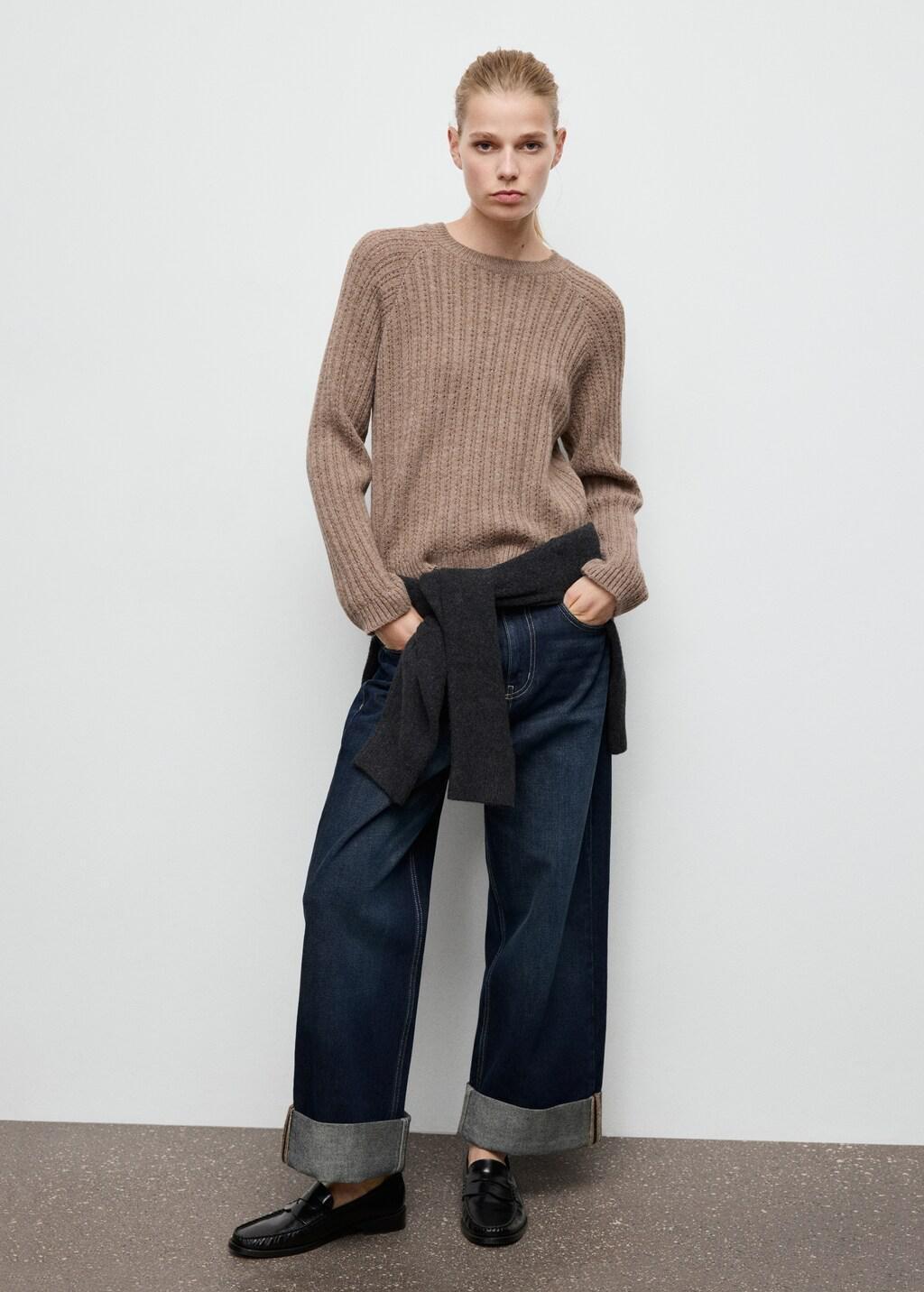 Brown Openwork Knit Sweater, Brown, medium