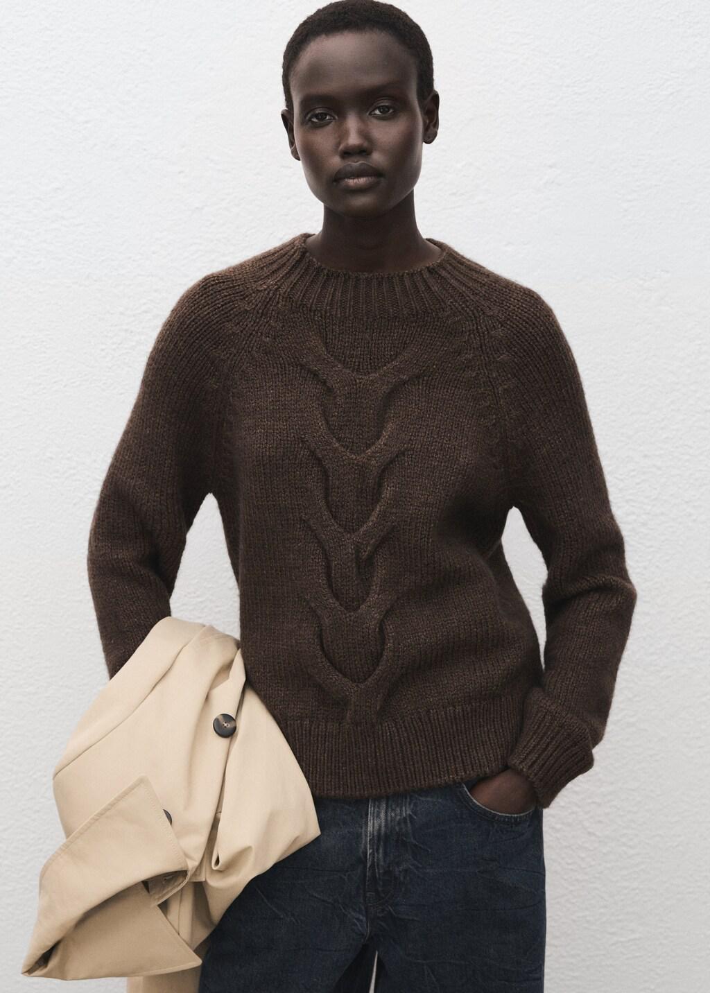 Brown Braided Sweater With Perkins Neck, Brown, large image number 3