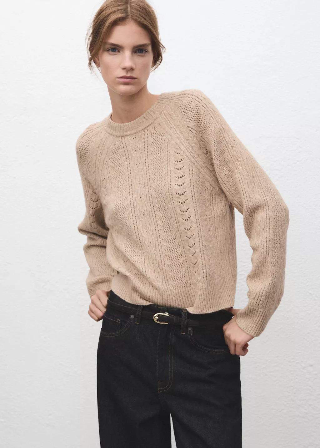 Beige Openwork Knit Sweater, Medium Brown, large image number 3