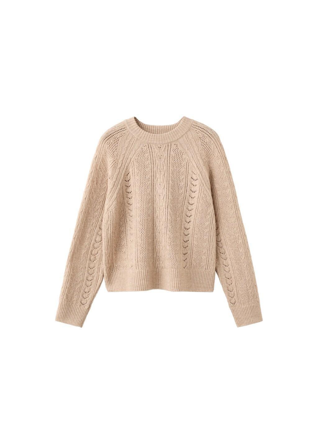 Beige Openwork Knit Sweater, Medium Brown, large image number 6