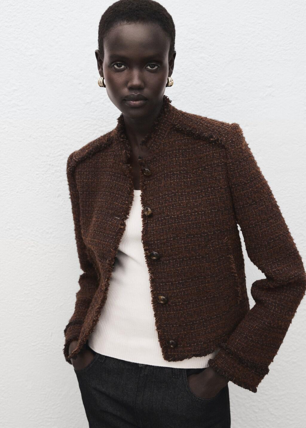 Brown Tweed Jacket With Frayed Ends, Brown, large image number 3